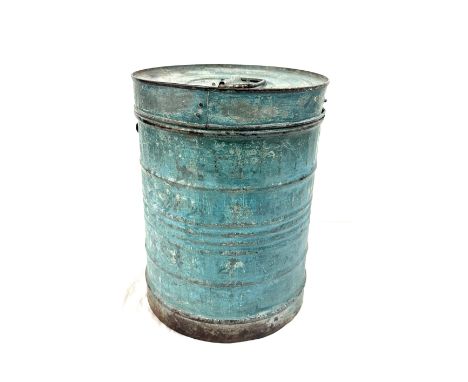 Vintage Indian rice tin overall height 13 inches tall x 10 diameter 