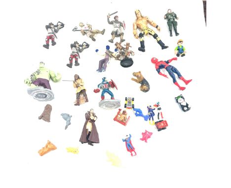 Selection of vintage action figures and others to include Spider-Man, Superman etc