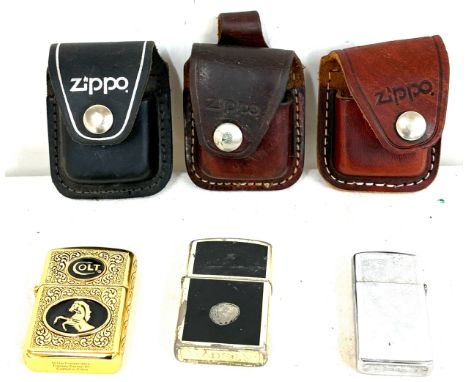 Franklin Mint Colt lighter, Hanson, Zippo with 3 Zippo leather buckle cases
