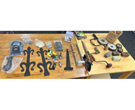 Selection of assorted tools to include braces, various locks, polishing items etc