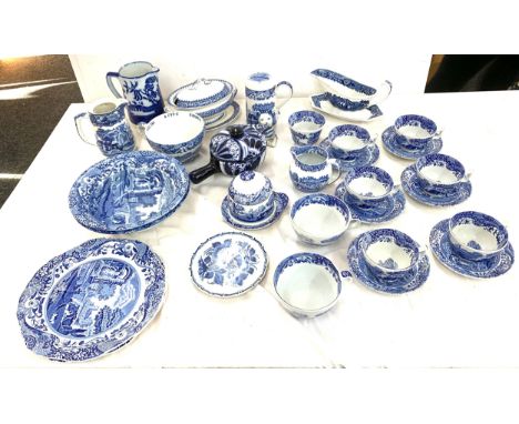 Large selection of blue and white porcelain items to include Spode 