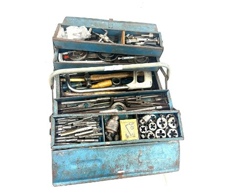 Tool box containing vintage engineering tools 