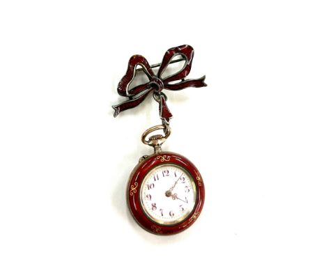 Silver and enamel pocket watch with bow suspender. Winds up and ticks, good condition