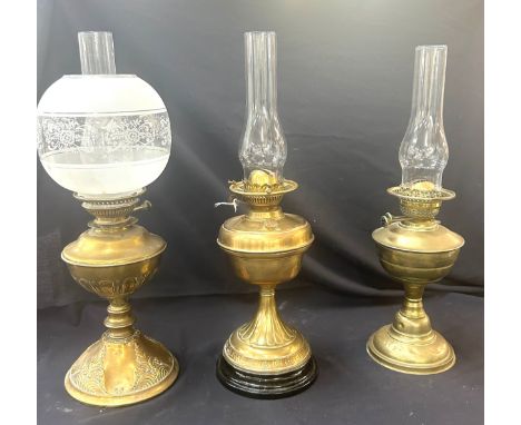 3 Vintage oil lamps, all with funnels, 1 with shade