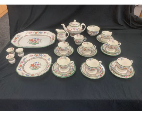 Vintage Spode Chinese rose part tea set comprising 6 trios, teapot, plates, milk jug etc