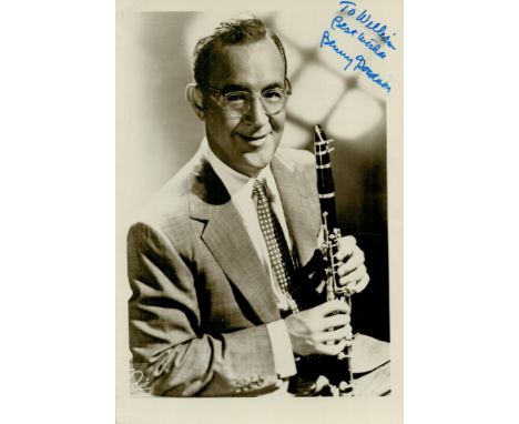 Benny Goodman signed 7x5 inch vintage sepia photo. Dedicated. Good condition. All autographs come with a Certificate of Authe
