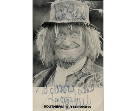 Jon Pertwee signed 3x5 inch black and white movie still from Worzel Southern Television. Dedicated. Good condition. All autog