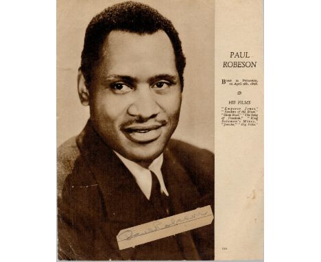 Paul Robeson signed page cutting affixed to 9x7 inch vintage sepia magazine photo. Good condition. All autographs come with a