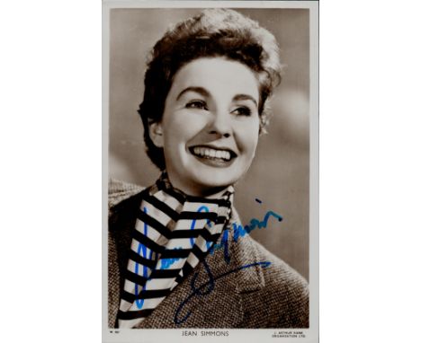 Jean Simmons signed black and white photo postcard. Good condition. All autographs come with a Certificate of Authenticity. W