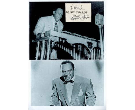 Lionel Hampton signed card cutting affixed to 12x8 inch black and white montage photo. Good condition. All autographs come wi