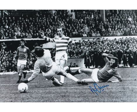 Autographed ALFIE CONN 12 x 8 photo : B/W, depicting ALFIE CONN scoring Rangers first goal in a 3-2 victory over Celtic in th