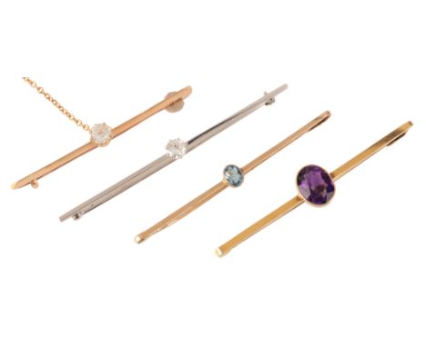 FOUR GEM-SET BAR BROOCHESincluding two diamond bar brooches, each set with a round cut diamond of c.0.20 carats and c.0.30 ca