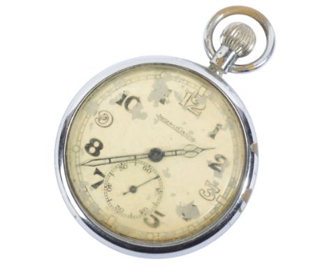 JAEGER-LECOULTRE: A GENTLEMAN'S NICKEL-PLATED OPEN FACE MILITARY POCKET WATCHwith keyless wind movement, the white dial with 