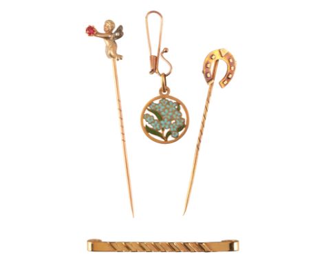 A COLLECTION OF STICK PINSincluding a cherub stick pin, a horseshoe stick pin, a tie pin (plated), and a forget me knot penda