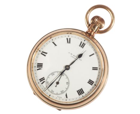 J.W. BENSON, LONDON: A GENTLEMAN'S 9CT GOLD OPEN FACE POCKET WATCH with keyless wind movement, the white enamel dial with bla