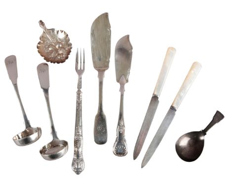A QUANTITY OF GEORGIAN AND LATER FLATWAREcomprising of a butter knife London 1832, a caddy spoon, London 1807, a pair of Scot