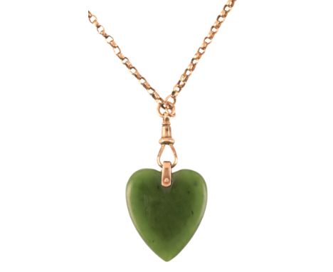 AN EARLY 20TH CENTURY 9CT GOLD GUARD CHAINsuspending a nephrite jade heart pendant, stamped '9CT', pendant c.3.0cm, chain c.1