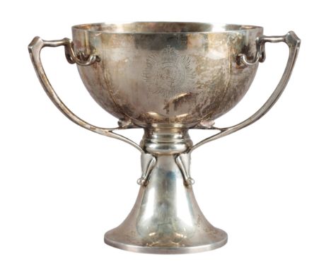 A GEORGE V SILVER ART NOUVEAU TROPHY&nbsp;by E. Barnsley &amp; Co., Birmingham 1912, the circular bowl with three shaped hand