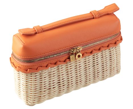 LORO PIANA: AN EXTRA POCKET LP19 WICKER HANDBAG in orange grained calf-skin leather, with gold toned hardware, and bamboo wic