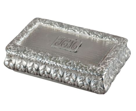 A VICTORIAN SILVER SNUFF BOXby William Neal, London 1848, with shaped leaf capped sides, the engine turned cover with later i