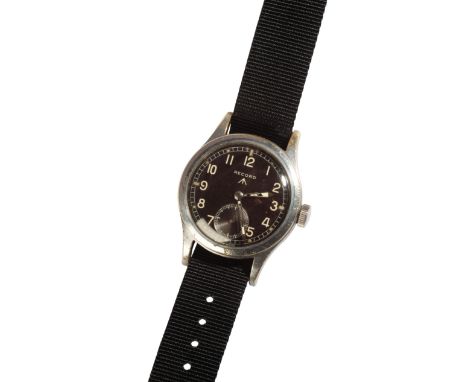 RECORD: A GENTLEMAN'S MILITARY STAINLESS STEEL WRISTWATCH with manual wind movement, the black dial with luminous Arabic nume