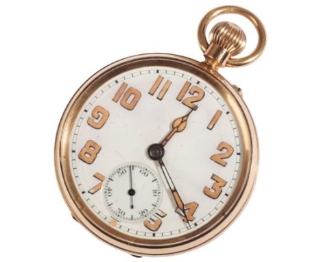 A GENTLEMAN'S 9CT GOLD OPEN FACE POCKET WATCH with keyless wind movement, the white enamel dial with luminous Arabic numerals