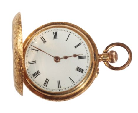 AN 18CT GOLD HALF HUNTER POCKET WATCHwith keyless wind movement, the white enamel dial with gold hands and black Roman numera