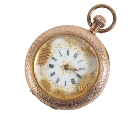 A LADY'S 9CT GOLD FOB WATCHwith keyless wind movement, the white enamel dial with gold decoration, black Roman numerals and g