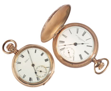 WALTHAM: A GENTLEMAN'S GOLD-PLATED OPEN FACE POCKET WATCH with keyless wind movement, the white enamel dial with black Roman 