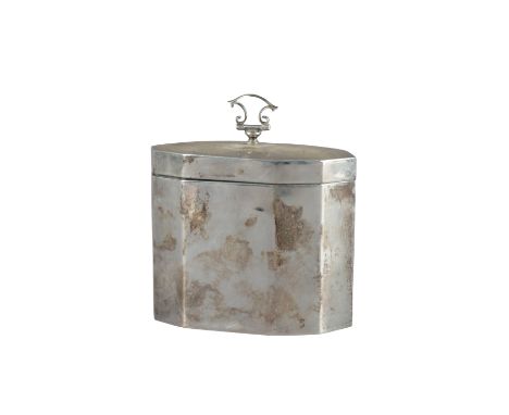 A GEORGE V SILVER OCTAGONAL TEA CADDY maker's mark rubbed, Chester 1909, of panelled form with hinged lid and wirework handle