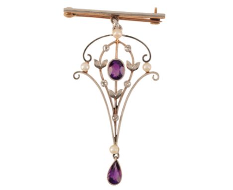 AN EDWARDIAN AMETHYST AND PEARL LEVALLIER BROOCHin 18ct gold and platinum, comprising a bar brooch, articulated to a stylised