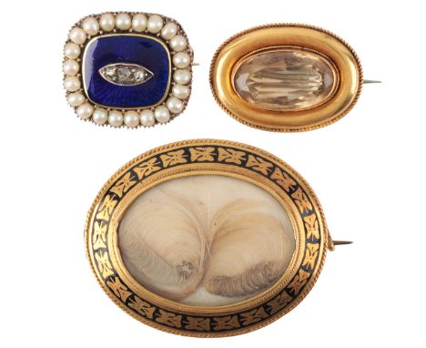 A COLLECTION OF MOURNING BROOCHES&nbsp;including an antique Georgian mourning brooch set with old mine cut diamonds over blue