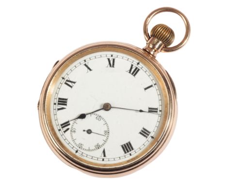 A GENTLEMAN'S 9CT GOLD OPEN FACE POCKET WATCH with keyless wind movement, the white enamel dial with black Roman numerals, da