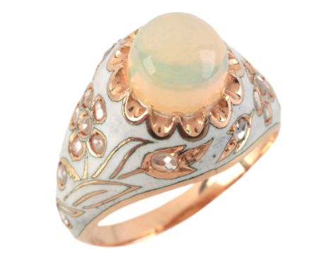 AN OPAL AND DIAMOND RINGin 14ct gold, set with an opal cabochon of c.1.98 carats, no assay marks, size N / 54, (c.7.0g)