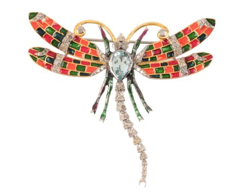 AN AQUAMARINE AND DIAMOND DRAGONFLY BROOCH / PENDANTin sterling silver, set with a pear cut aquamarine of c.1.00 carats, the 
