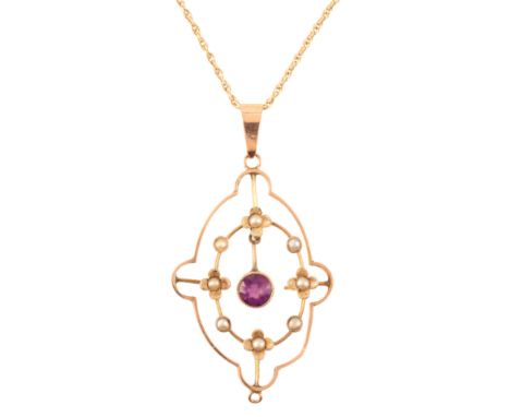 AN ANTIQUE AMETHYST AND SEED PEARL LAVALIER PENDANT NECKLACEin 9ct gold, comprising an openwork pendant set with seed pearls,