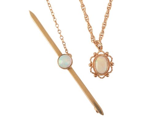 AN OPAL PENDANT NECKLACEin 9ct gold, set with an opal cabochon, surrounded by a stylised border, suspended from a twisted lin