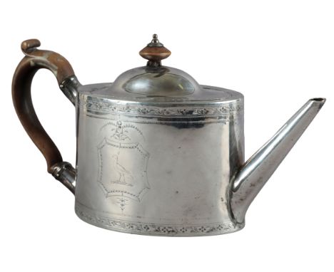 A GEORGE III SILVER TEAPOTby Robert Hennell, London 1817, of Neoclassical style, the oval body with engraved leaf banding, th