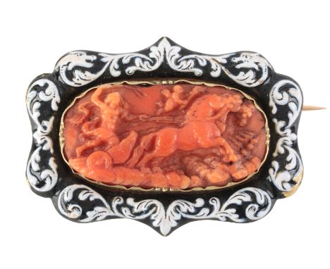 A FRENCH ANTIQUE CORAL AND ENAMEL BROOCHin 18ct gold, set with a carved coral cameo depicting a chariot scene, surrounded by 