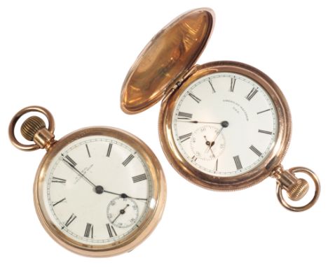 WALTHAM: A GENTLEMAN'S GOLD-PLATED OPEN FACE POCKET WATCH with keyless wind movement, the white enamel dial with black Roman 