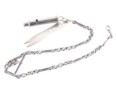 A SILVER FANCY-LINK POCKET WATCH CHAINhallmarked, with silver chip fork and a white metal whistle, 25cm long, (c.88.35g)