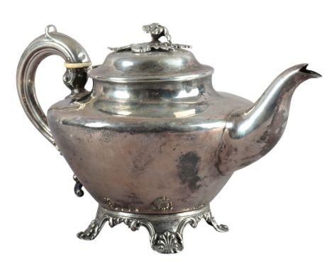 AN EARLY VICTORIAN SILVER TEAPOT by Richard Pearce and George Burrows, London 1844, with floral finial, plain bulbous body an