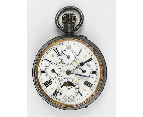 A bi-metal quartetto dial calendar moon phase pocket watch, the white enamel dial with black Roman numerals, inset with four 