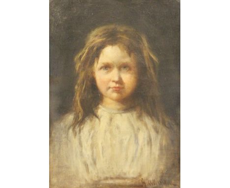 English School (19th century),Oil on canvas,Portrait of a girl in a white dress,Indistinctly signed lower right, possibly Awm