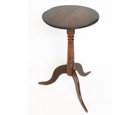 A George III provincial oak occasional table, with two piece fruitwood top on a turned column and tripod base, 68cm H x 40cm 