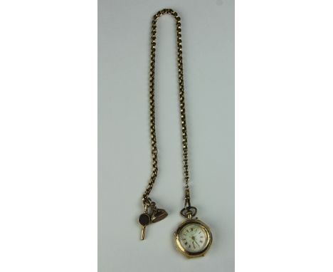 A ladies 14k fob watch, the octagonal case enclosing white enamel dial with red roman numerals and gilt detail embossed flora
