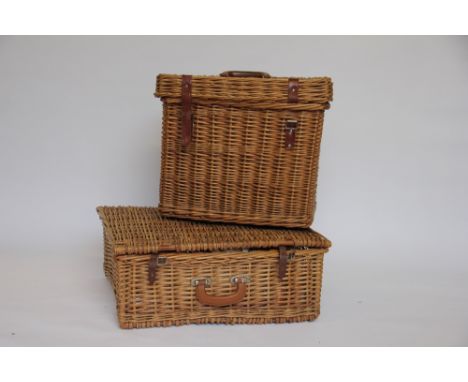 A wicker picnic hamper, 56cm, with a wicker bottle hamper, 40cm x 46cm (2)