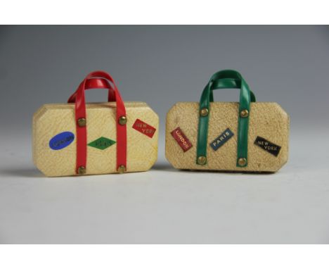 Two vintage novelty suitcases, containing a sewing kit and a manicure set respectively, within miniature vintage suitcases be
