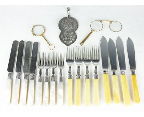 Two pairs of yellow metal lorgnettes, a cake server stamped 'Silver Plate Denmark', and a collection of mother of pearl and i