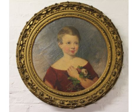 English School (19th century),Oil on canvas,Portrait of a girl holding roses,Tondo, 49cm,Gilt wood frame